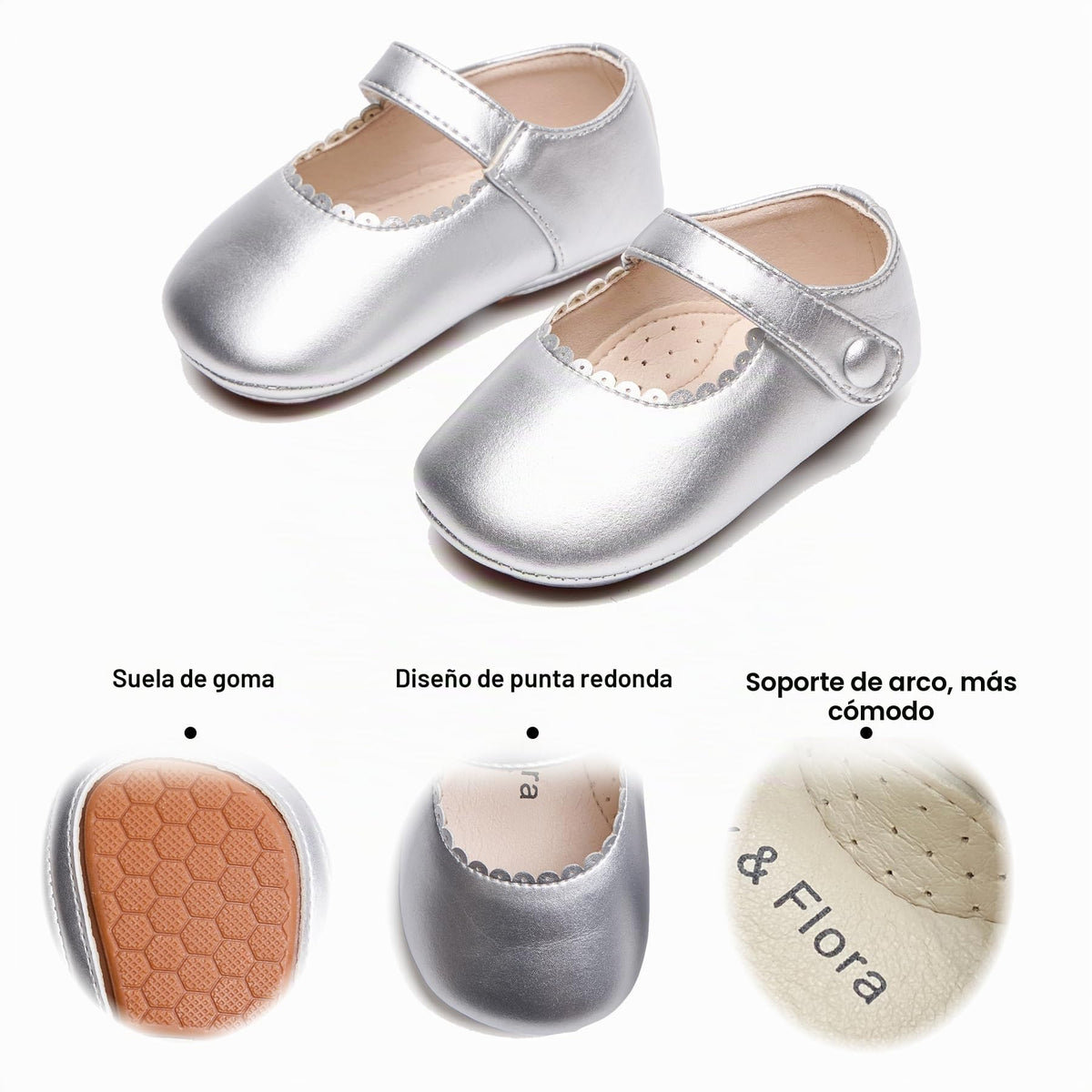 Zapatos de Vestir Antideslizantes de Suela Suave con Velcro para Bebé (Plateado) – Félix & Flora