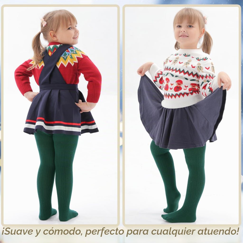 Pack 3 Mallas Punto Trenzado Cable Knit Mini Angel | Sin Costura + Algodón Peinado + Rojo Blanco Verde | Bebé Niña 0-6 Años