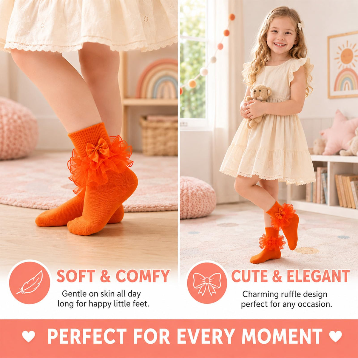 Calcetines Nina Pack 3 Pares Volantes Encaje Tutu Doble Capa Lazo Cinta 3D Verde Amarillo Naranja Organza Princesa Verano Halloween (1 - 10T)