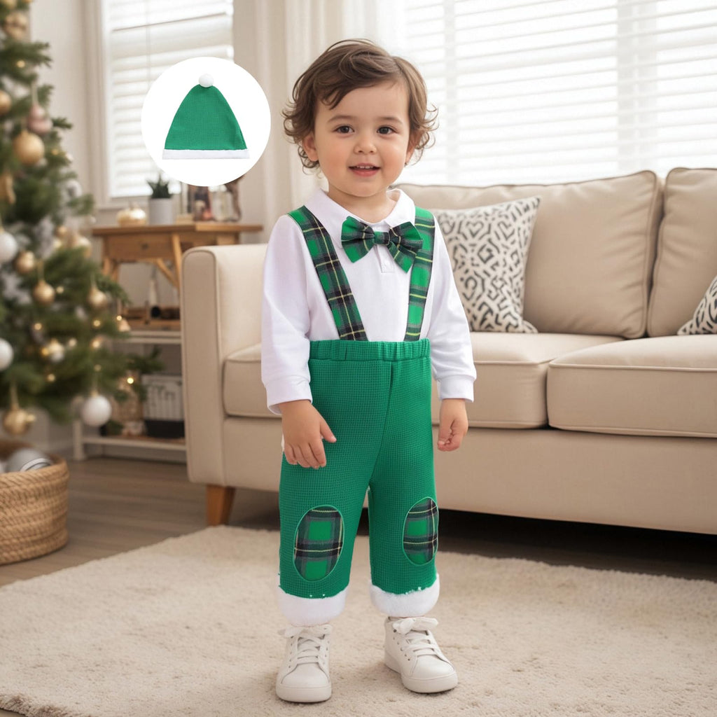Little Gentleman Verde | Conjunto Navideño Bebé Niño Mameluco Blanco + Pantalon Tirantes Cuadros + Gorro