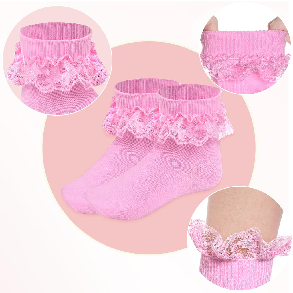 Pistha | Calcetines Nina Pack 3 Pares Volantes Encaje Doble Capa Rosa Tobillero Algodon Princesa Boda Comunion (2 - 15T)