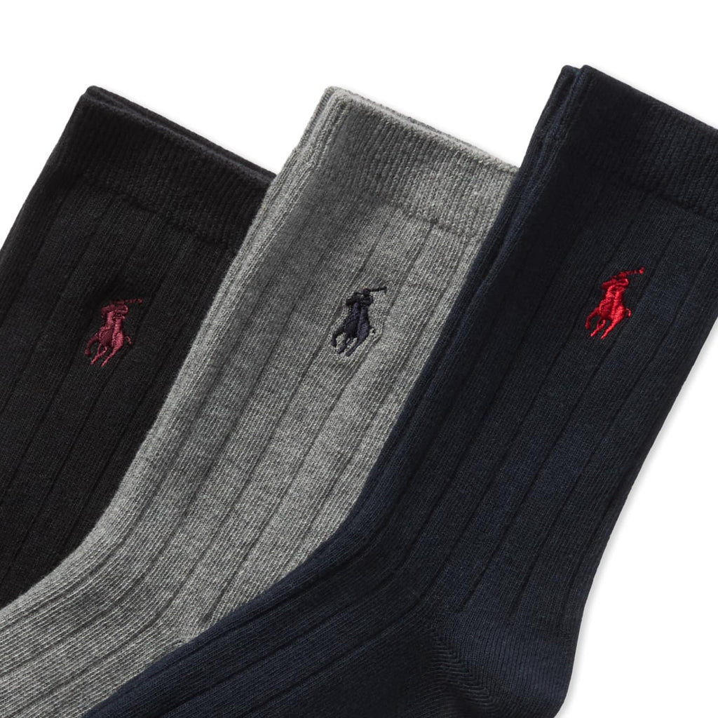 Polo Ralph Lauren | Calcetines Niño Pack 3 Algodón Canalé Negro Gris Marino Pony Rojo