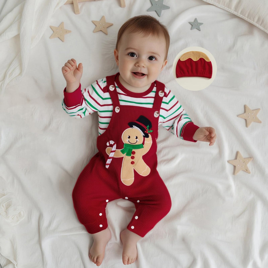 Gingerbread Newborn Set | Conjunto 3 Piezas Bebé — Body Rayas + Overol Rojo + Gorro Navideño