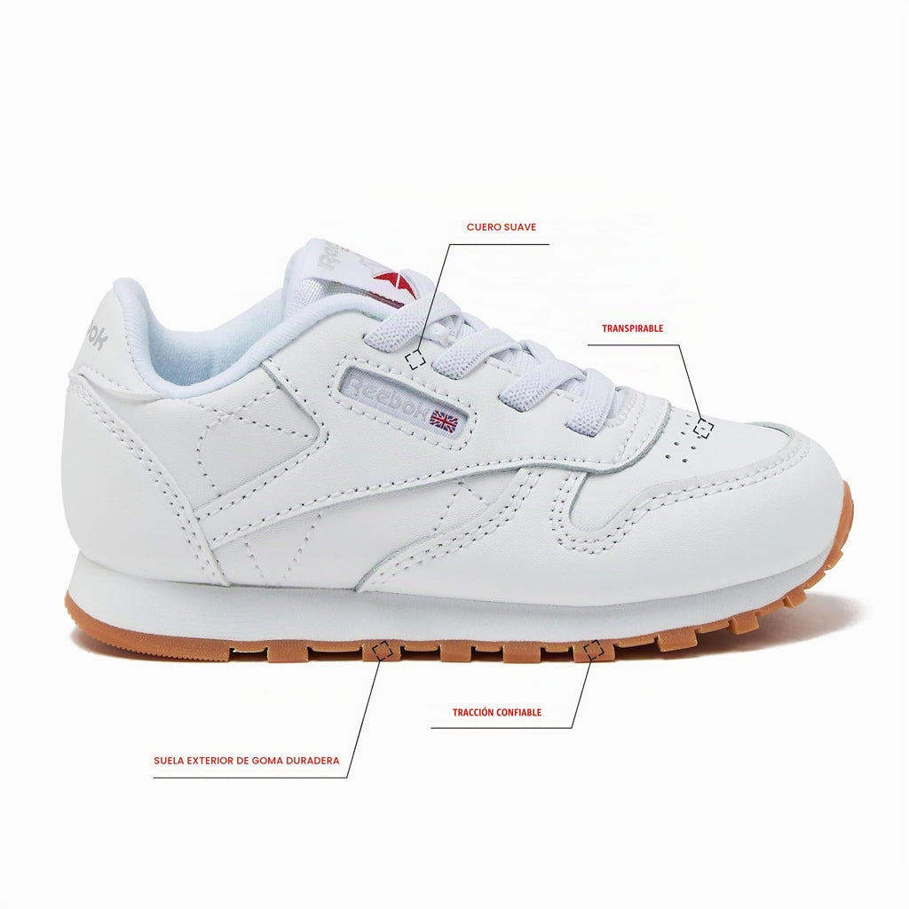 Reebok  -Tenis Casuales de Piel Classic Leather con Cordones para Niños (Blanco/Suela de Goma) (Talla 20 - 26)