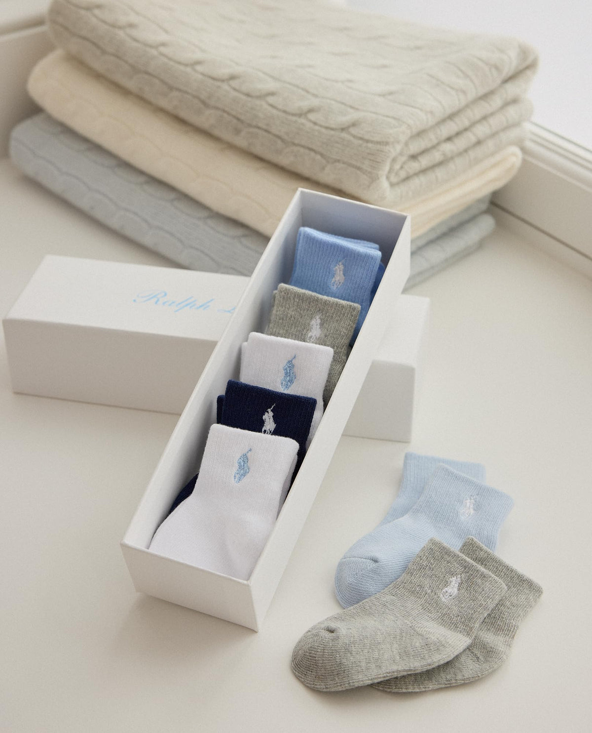 Polo Ralph Lauren | Calcetines Bebé Niño Pack 7 Algodón Pony Bordado Stay-Up Caja Regalo Azul Gris Marino Blanco 0-6 Meses