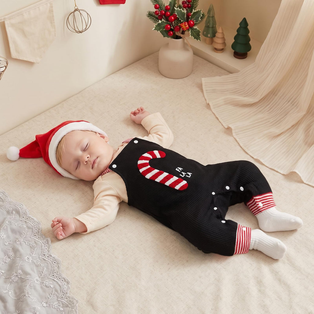 Fa La La Newborn Set | Conjunto 3 Piezas Bebé — Body Crema + Overol Negro + Bastón de Caramelo + Gorro Papa Noel