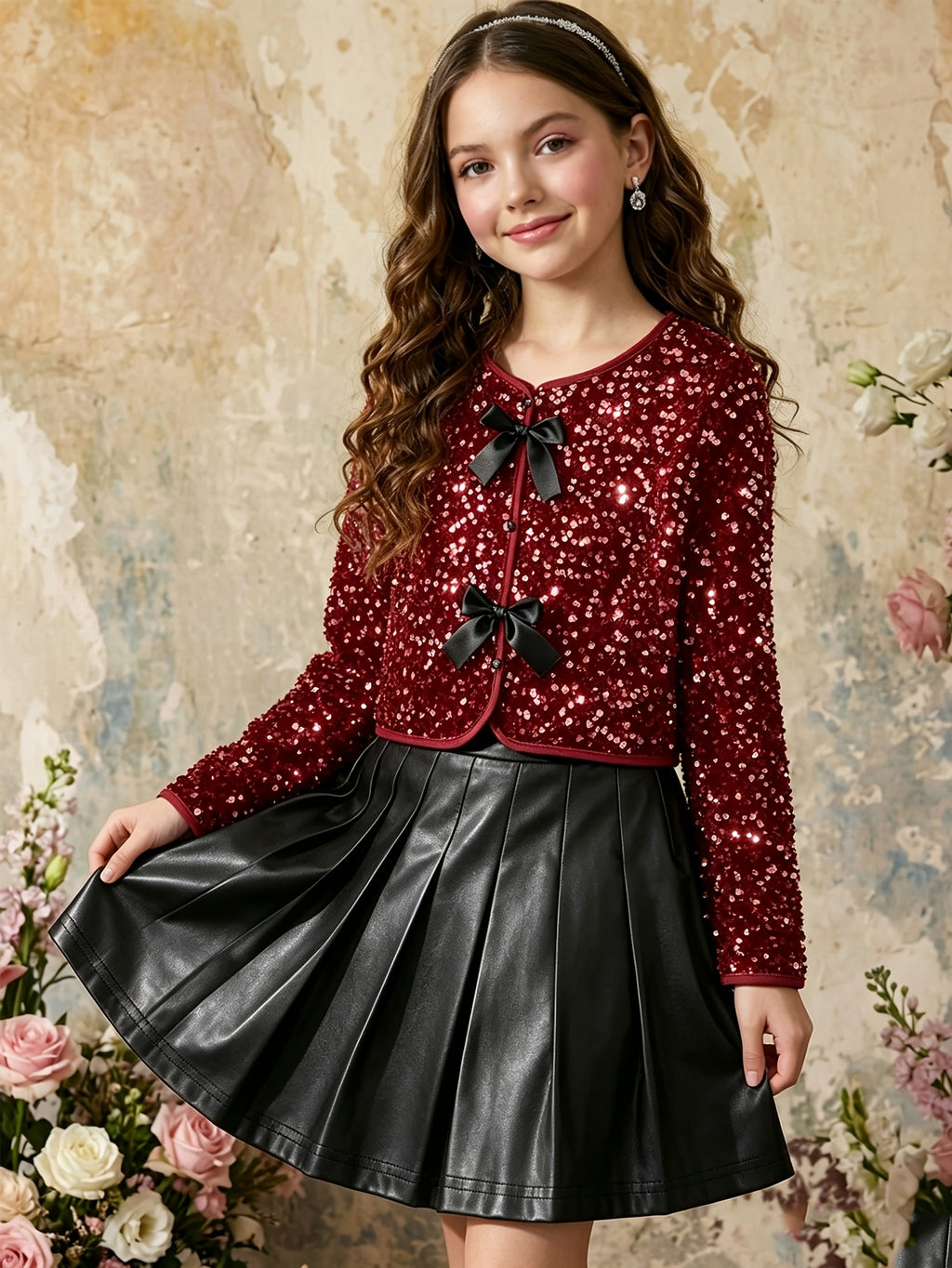 Conjunto Elegante de Chaqueta Burdeos con Lentejuelas y Falda Plisada Negra para Niñas (Estilo Retro y Moderno para Primavera y Otoño) (Solo Talla 11Y)