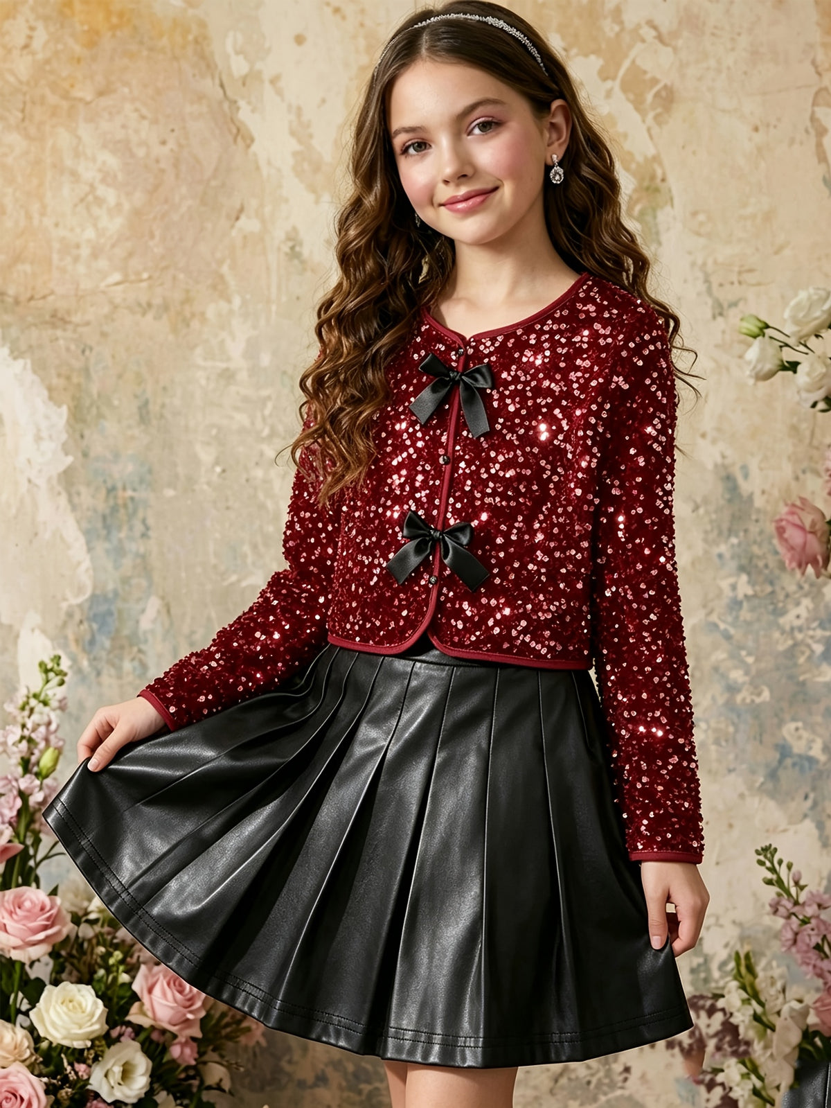 Conjunto Elegante de Chaqueta Burdeos con Lentejuelas y Falda Plisada Negra para Niñas (Estilo Retro y Moderno para Primavera y Otoño) (Solo Talla 11Y)