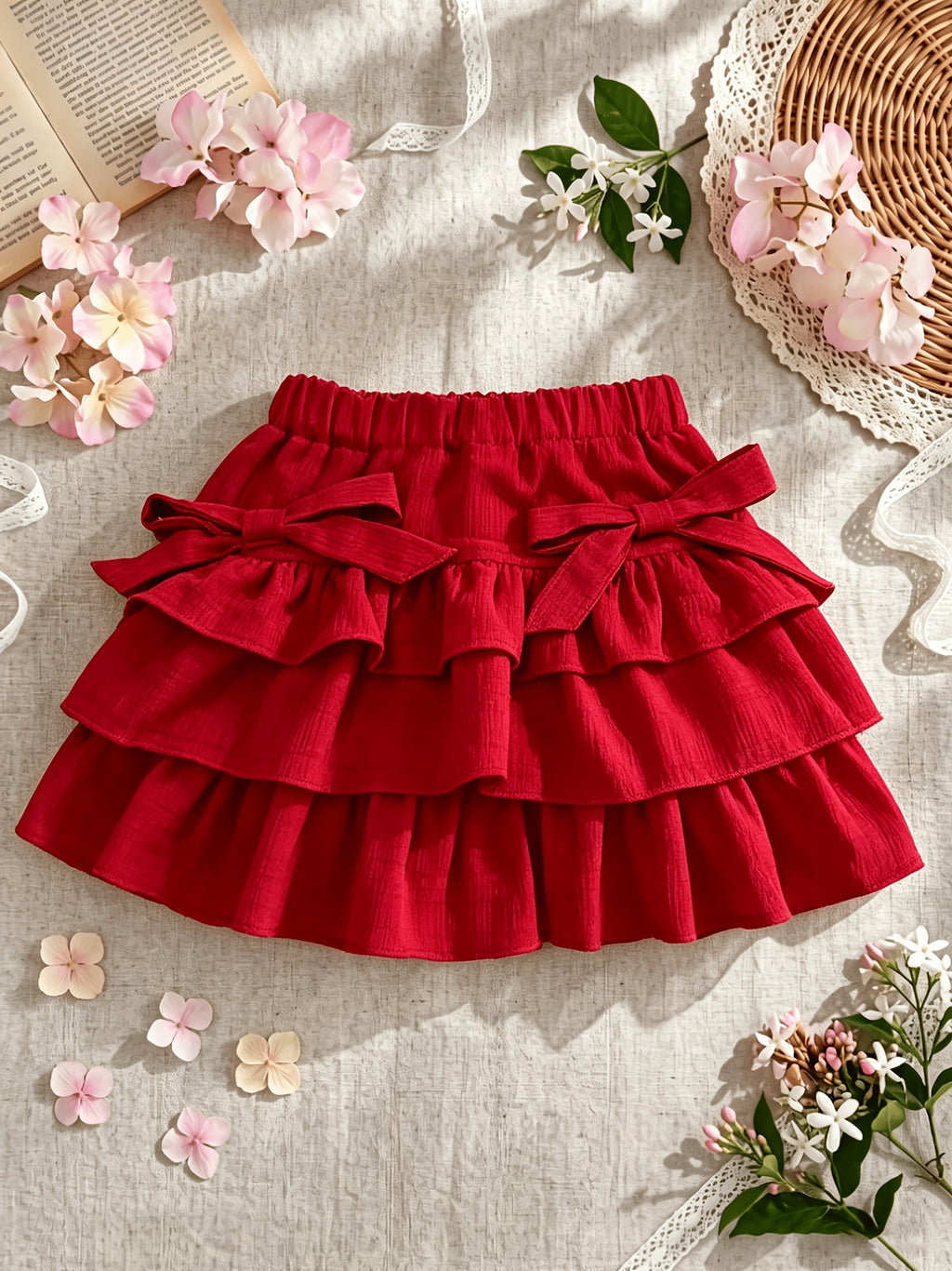 Conjunto Navideño de 2 Piezas para Niña: Blusa Negra de Manga Corta con Estampado de Astas y Falda Estilo Pastel Roja con Volantes (1T - 8T)