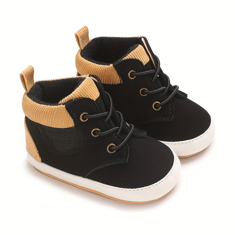 Zapatillas Estilo Botín de Caña Alta para Bebé en Color Negro con Detalles Canelados Camel (Calzado Ligero y Vintage con Suela de Caucho para Otoño/Invierno) (Talla 19- 21)