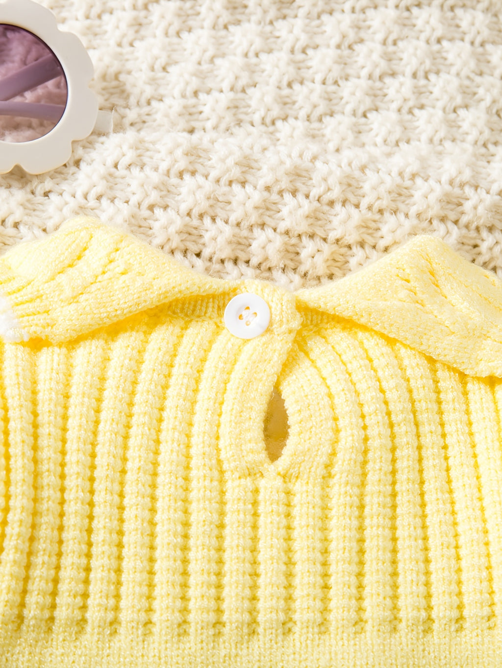 Conjunto de Ropa Tejida de Manga Larga con Lazo para Bebé en Color Amarillo (Suéter con Cuello y Pantalón con Pies, Estilo Elegante para Primavera) (1M - 9M)