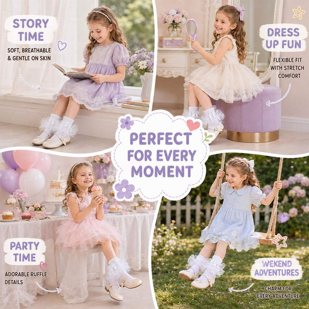 Calcetines Nina Volantes Encaje Tutu Doble Capa Lazo Cinta 3D Blanco Algodon Organza Princesa Uniforme Comunion Boda  (1 - 10T)