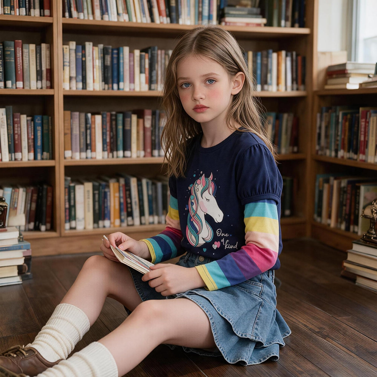 Top de Manga Larga con Unicornio “One of a Kind” para Niñas – Azul Marino con Rayas Arcoíris, Algodón, (2-12 Años)