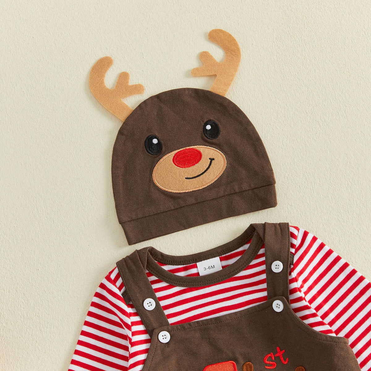My 1st Christmas Reno | Conjunto Bebé Niño Mameluco Rayas Rojo + Peto Café + Gorro Reno