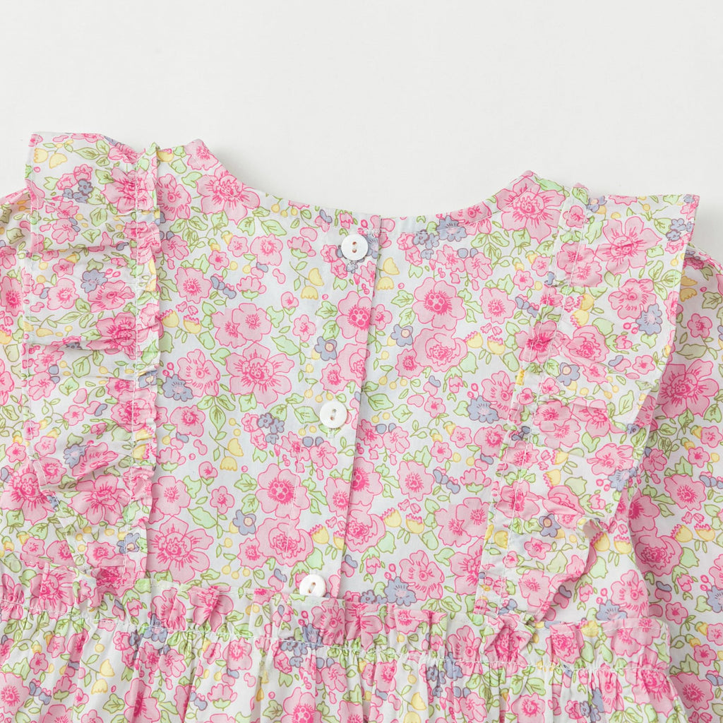 Vestido de Manga Larga 100% Algodón con Nido de Abeja, Volantes en los Hombros y Estampado Floral Rosa para Niña (12M - 8T)