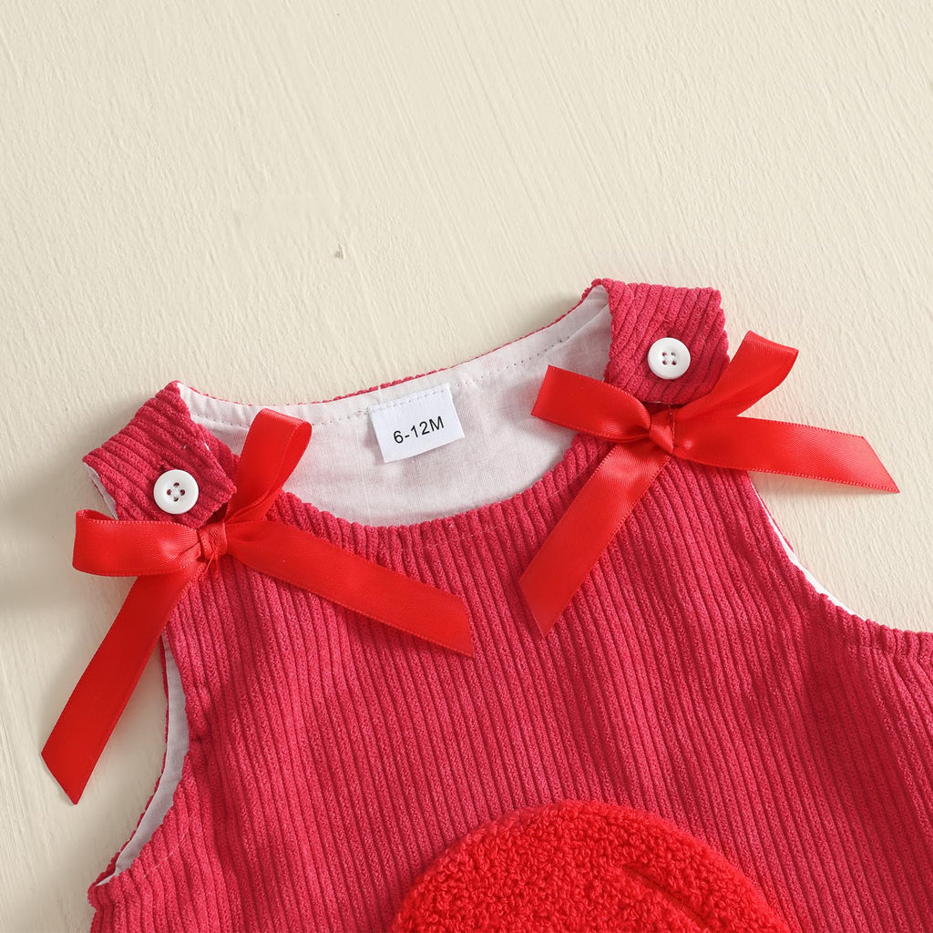 Merry Lights Red Girl | Vestido Pana Roja Niña — Sin Mangas + Cuello V Rojo + Bordado “merry” + Luces Navideñas + Lazos Rojos