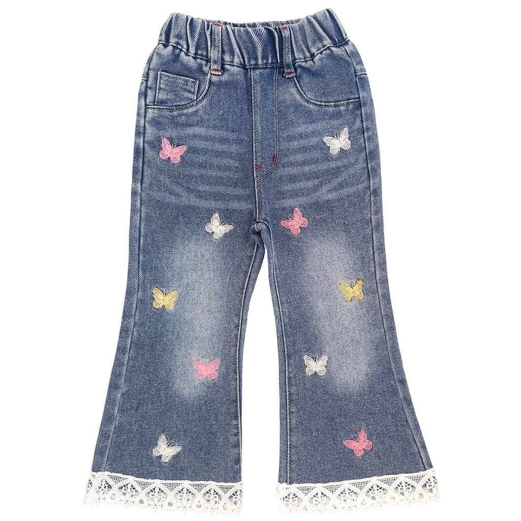 Conjunto 2 Piezas para Niña: Suéter Rojo con Gatito 3D y Jean Acampanado con Mariposas y Encaje