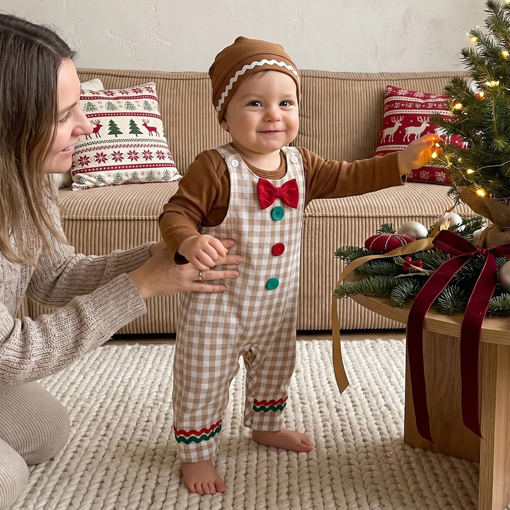 Gingerbread Boy Newborn Set | Conjunto 3 Piezas Bebé — Body Café + Overol Cuadros Beige + Gorro Nudo