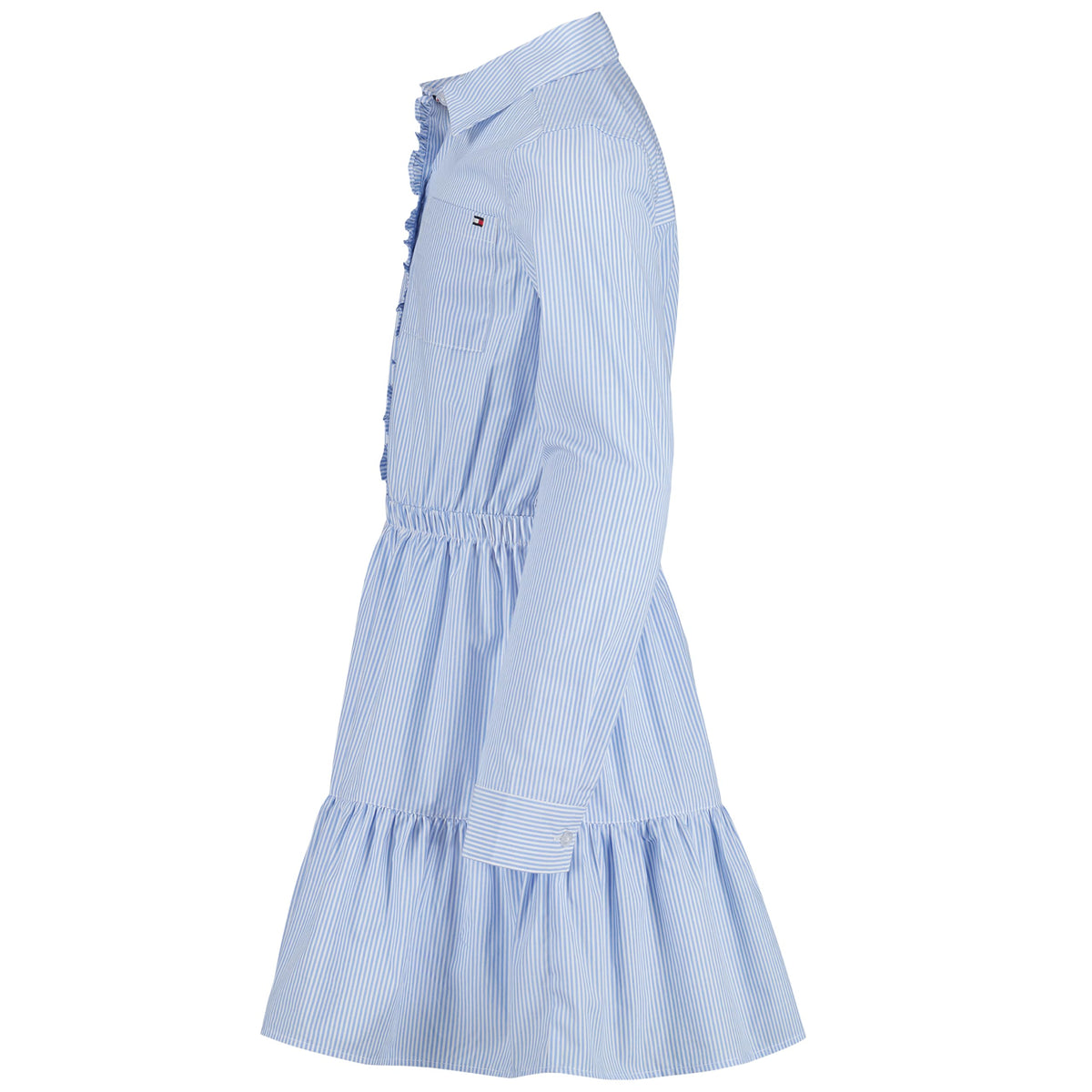 Tommy Hilfiger Vestido Camisero Niña | Rayas Ithaca Azul/Blanco • Manga Larga • Cintura Fruncida • Falda Volantes