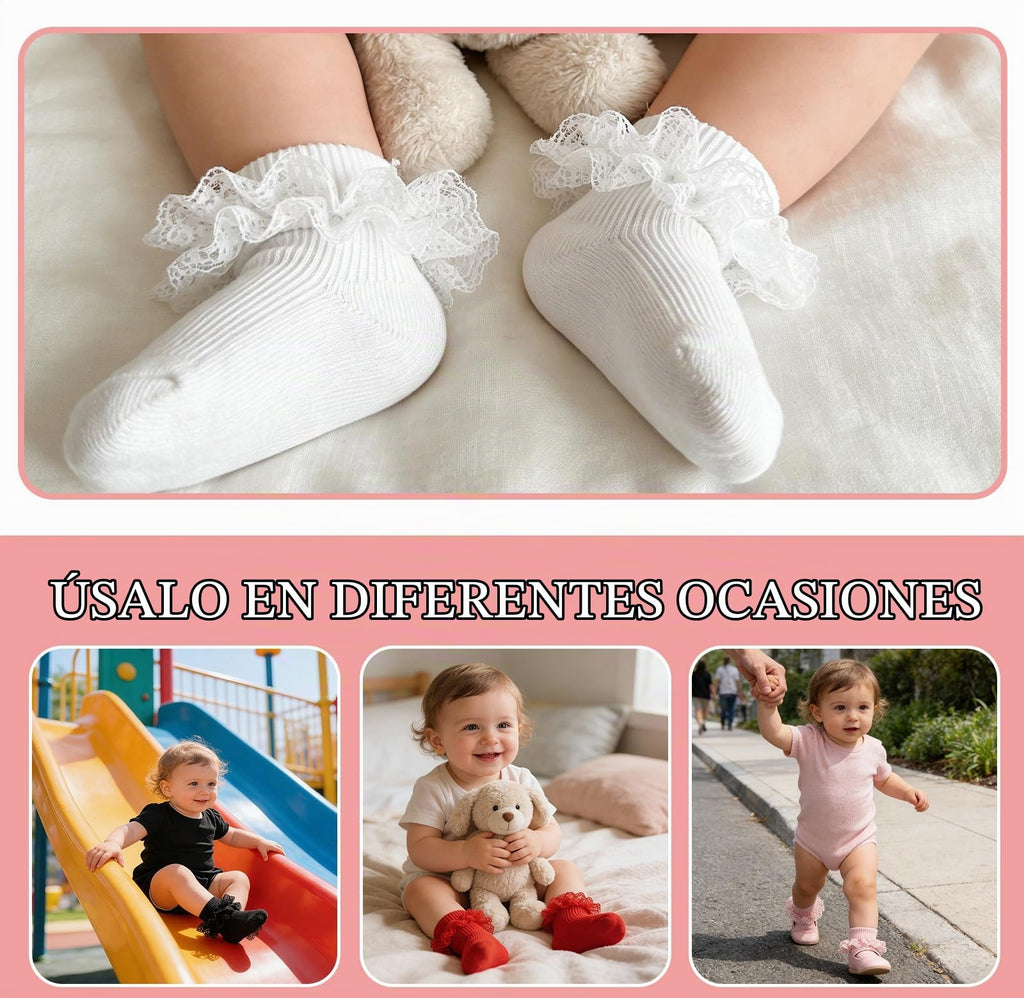 Calcetines Bebé Niña Pack 5 Algodón Canalé Encaje Volante Lazo Satín Lateral Negro Blanco Rosa Crema Rojo
