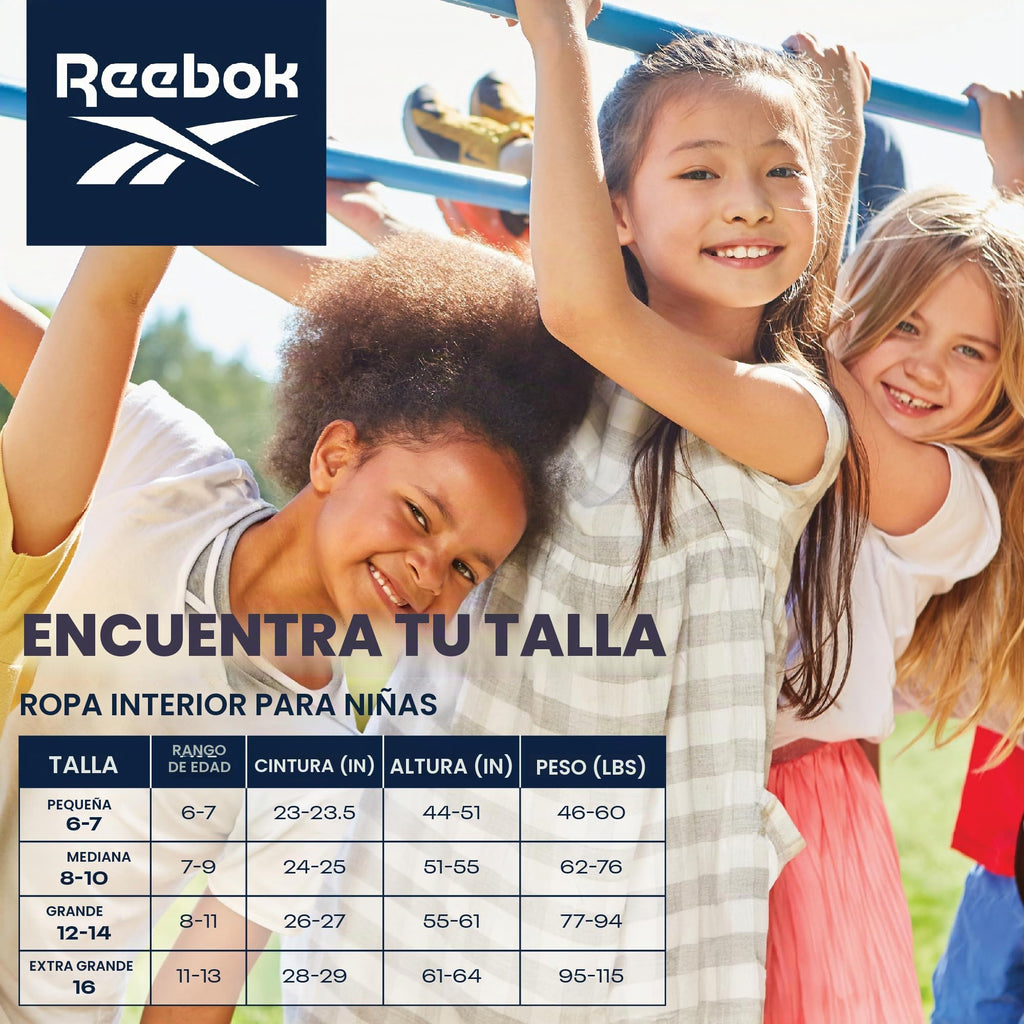 Reebok | Panty Hipster Nina Pack 10 | 93% Nylon 7% Spandex | Sin Costuras | Sin Etiqueta | Absorbe Humedad | Transpirable | Navy + Blanco + Rosa Carmin + Rayas  (6 - 16T)