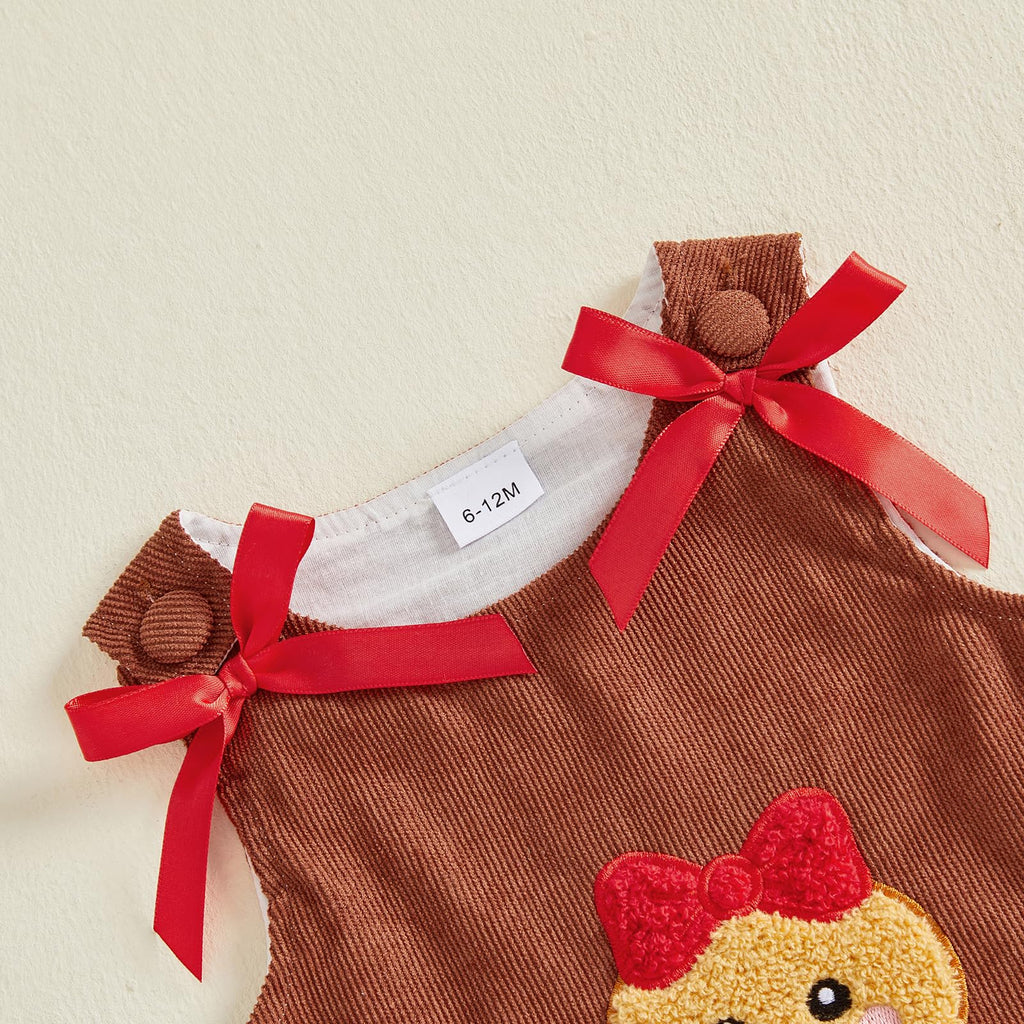Gingerbread Girl Cafe | Vestido Pana Cafe Nina Sin Mangas + Cuello Redondo + Aplicacion Galleta Jengibre + Lazos
