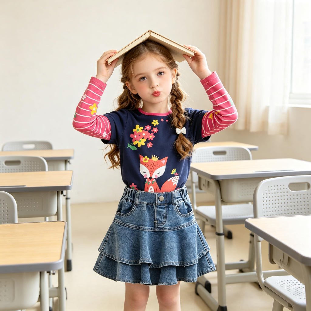 Top de Manga Larga con Zorro y Flores para Niñas – Azul Marino a Rayas Floral Rosa, Algodón, (2-12 Años )