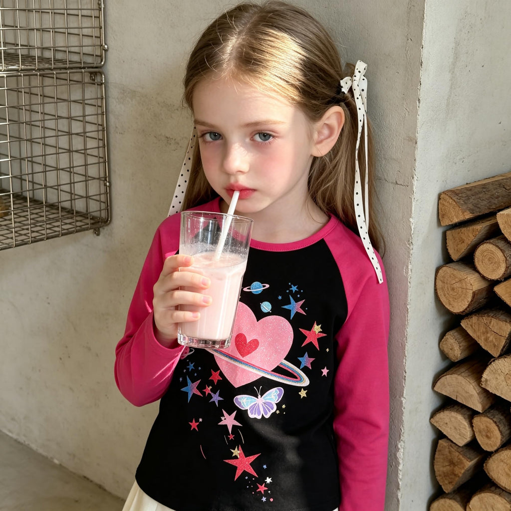 Top de Manga Larga con Corazón Galáctico para Niñas – Negro con Mangas Rosa Fucsia, Algodón  (2-12 Años )