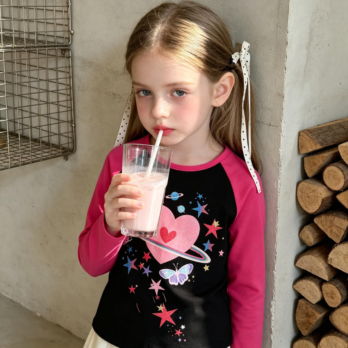 Top de Manga Larga con Corazón Galáctico para Niñas – Negro con Mangas Rosa Fucsia, Algodón  (2-12 Años )