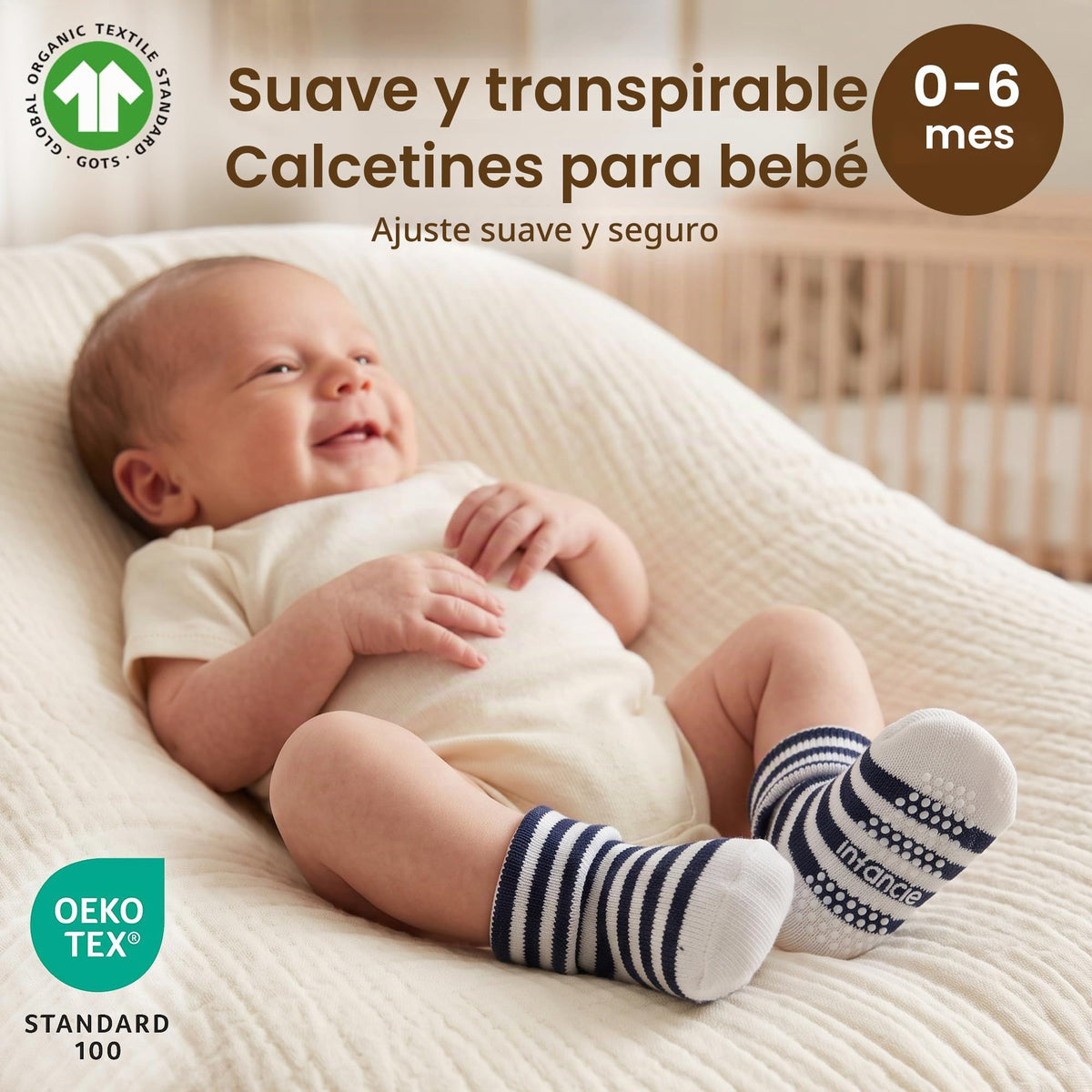 infancie | Calcetines Bebé Niño Pack 6 Algodón Orgánico GOTS Antideslizante Estampados Azul Gris 0-6 Meses