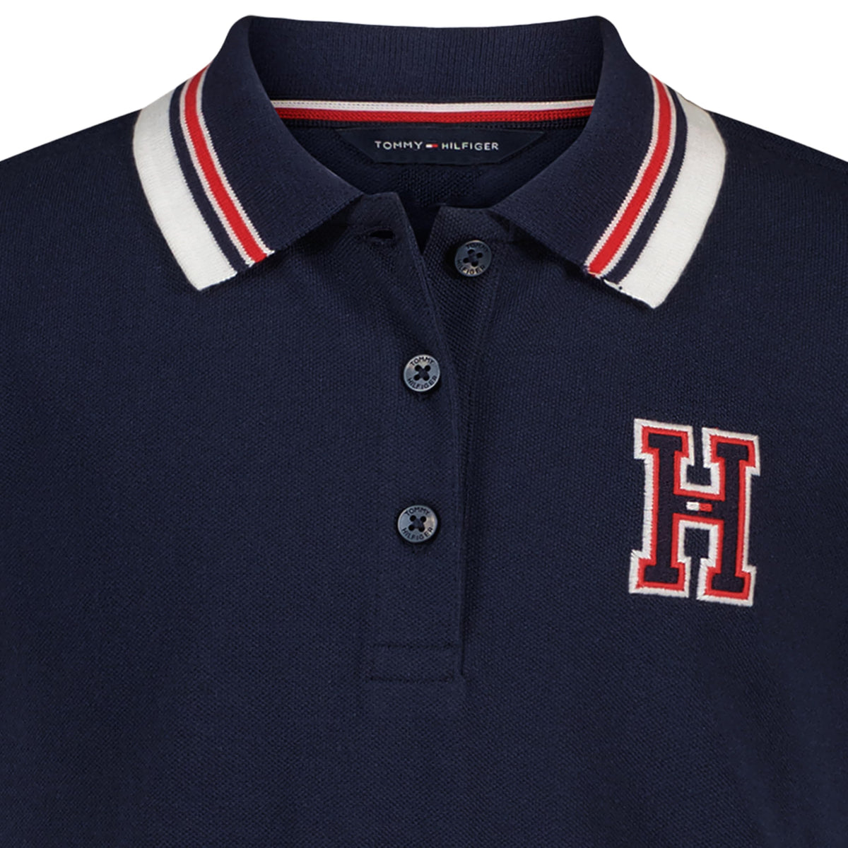 Tommy Hilfiger Vestido Polo Piqué Niña | Azul Navy • Parche Bordado H Varsity • Falda Plisada