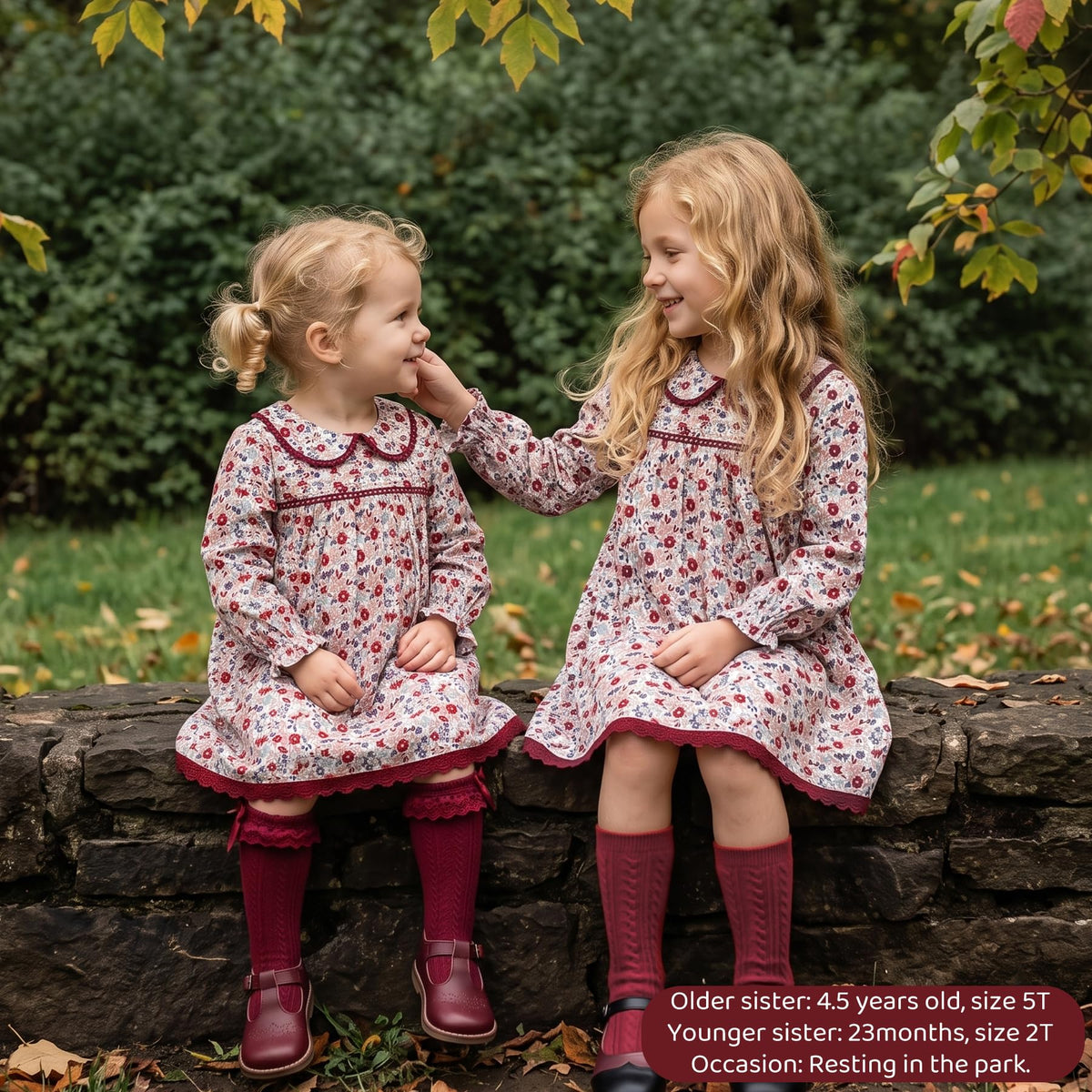 Vestido de Manga Larga 100% Algodón con Cuello con Volantes y Estampado Floral en Tonos Rojos y Vino para Niña (B-berry Vino) (18M - 3T)