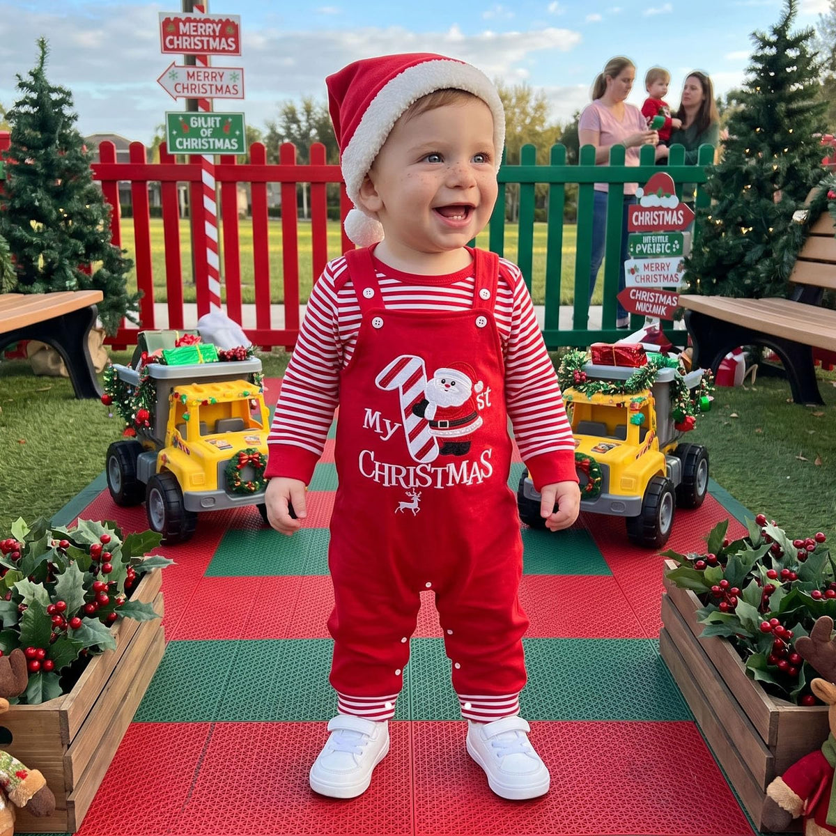 My 1st Christmas Santa | Conjunto Bebé Niño Mameluco Rayas Rojo + Peto Rojo Papa Noel + Gorro Navidad