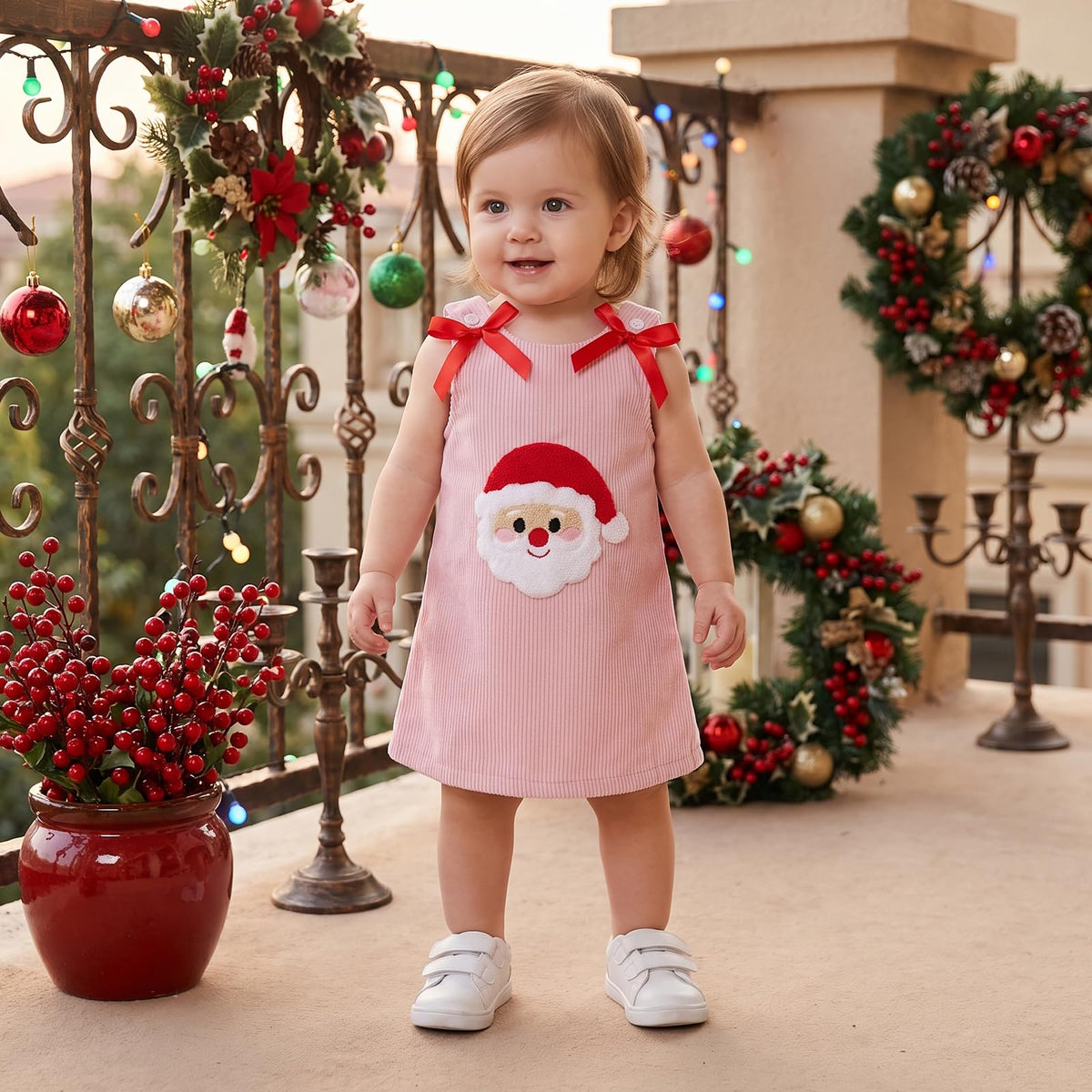 Santa Corduroy Pink Girl | Vestido Pana Rosa Niña — Sin Mangas + Cuello Redondo + Aplicación Papa Noel 3D + Lazos Rojos + Botones Blancos