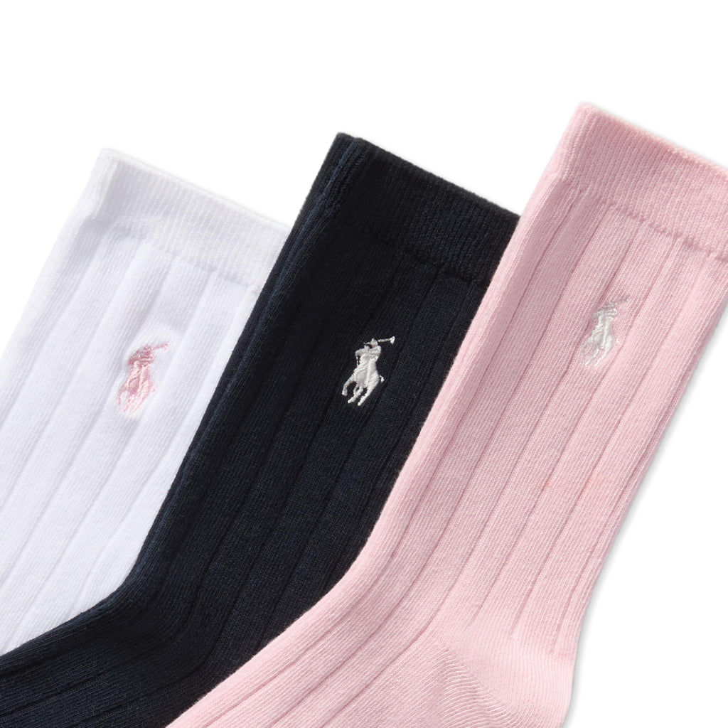 Polo Ralph Lauren | Calcetines Niña Pack 3 Pares Crew Acanalado Algodón Sostenible Poni Bordado Rosa Blanco Negro (Talla 4T - 20T))