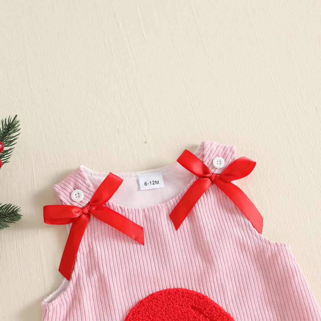 Santa Corduroy Pink Girl | Vestido Pana Rosa Niña — Sin Mangas + Cuello Redondo + Aplicación Papa Noel 3D + Lazos Rojos + Botones Blancos