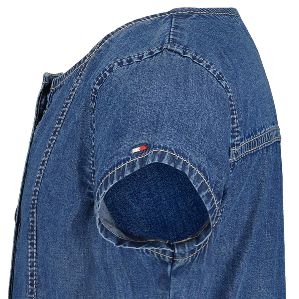 Tommy Hilfiger Vestido Denim Niña | Azul Medio • Manga Casquillo • Cuello Redondo • Volante Inferior • Bandera TH Bordada
