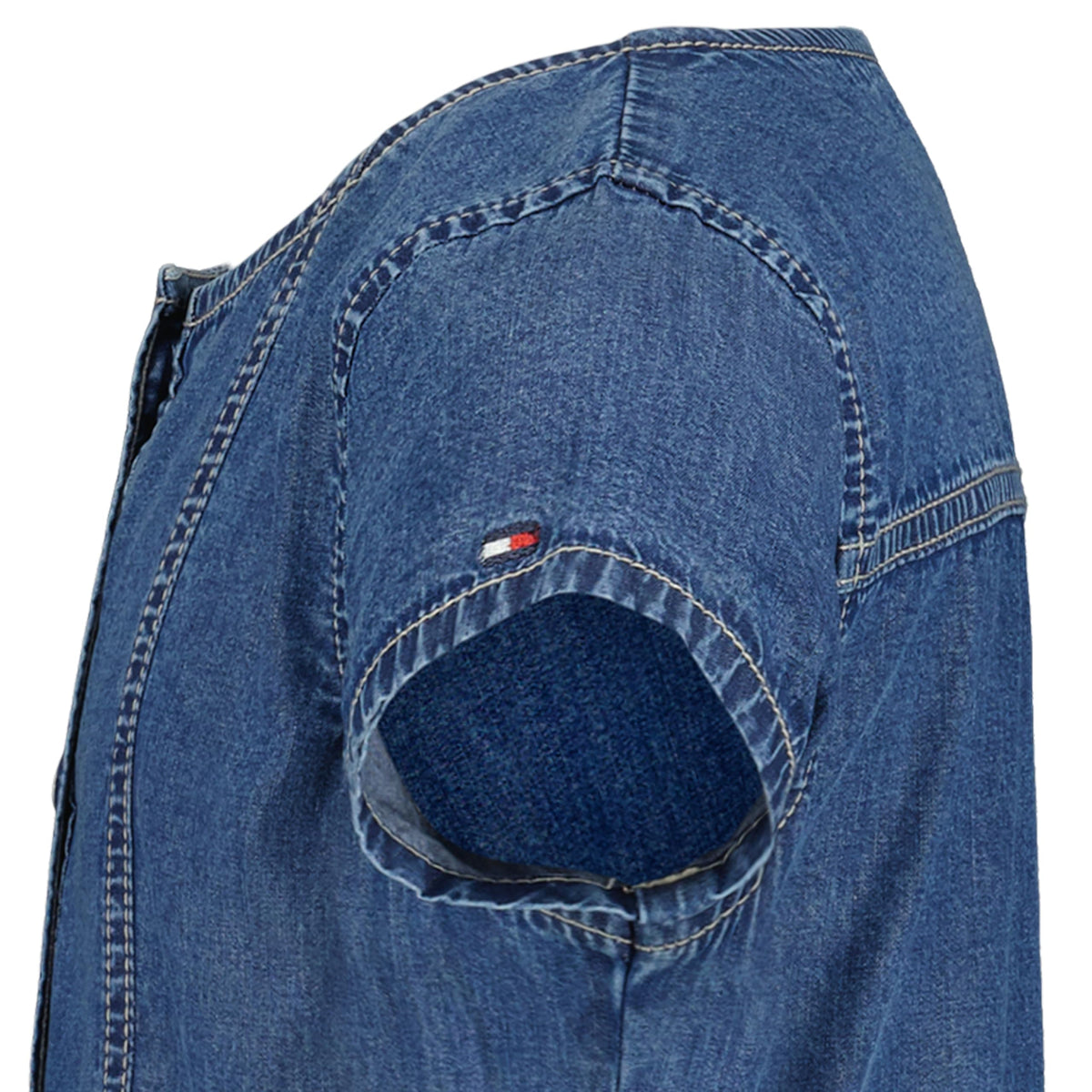 Tommy Hilfiger Vestido Denim Niña | Azul Medio • Manga Casquillo • Cuello Redondo • Volante Inferior • Bandera TH Bordada