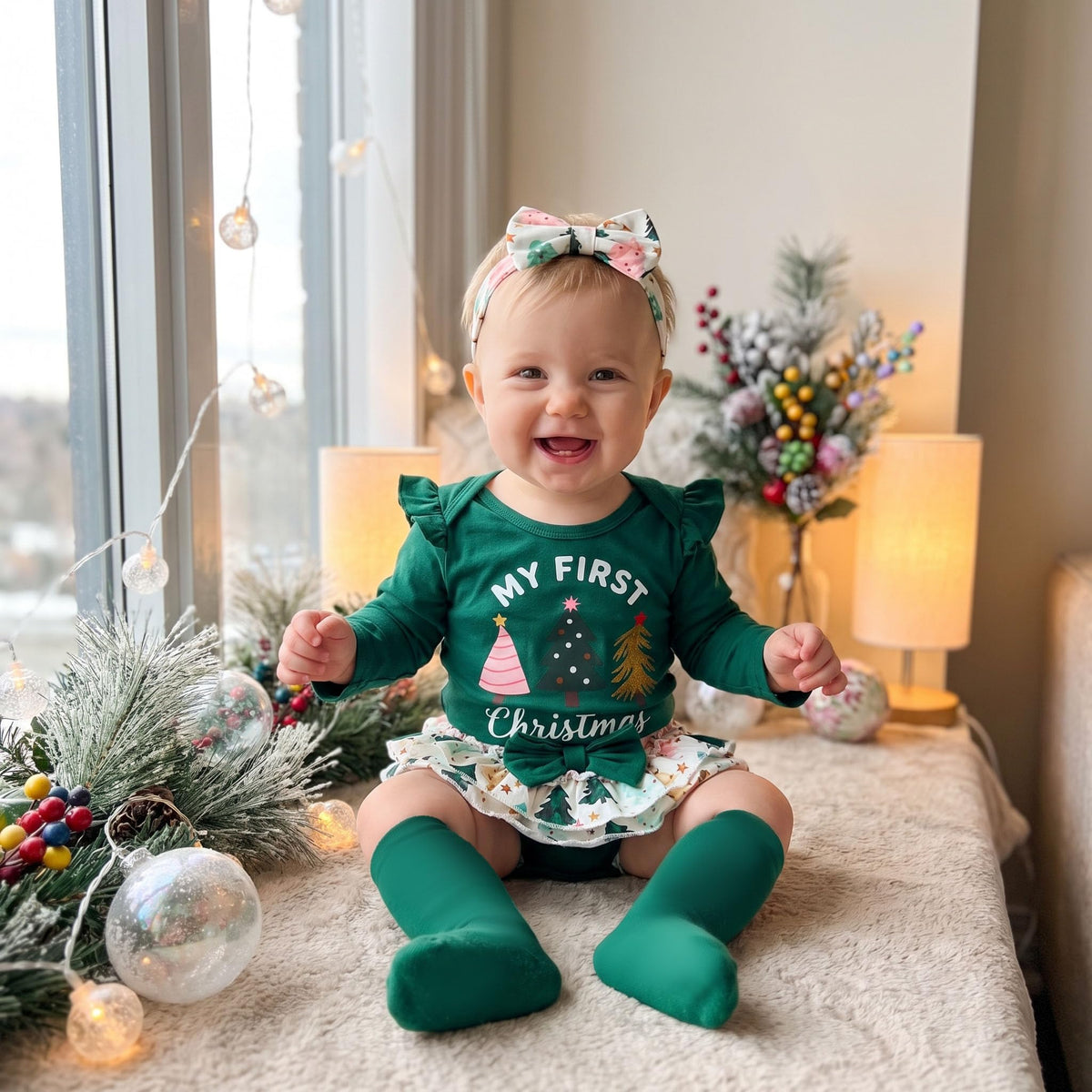 My First Christmas Arbolitos | Conjunto Navideño Verde Bebé Niña Falda Floral + Medias + Diadema