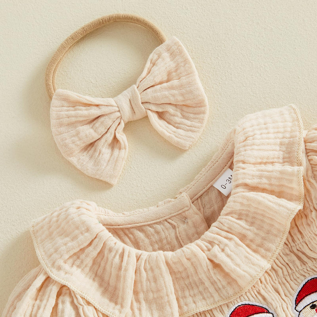 Santa Smocked Romper Beige | Mameluco Vestido Crema Bebé Niña — Cuello Muñeca + Mangas Abombadas + Papa Noel Bordado + Diadema