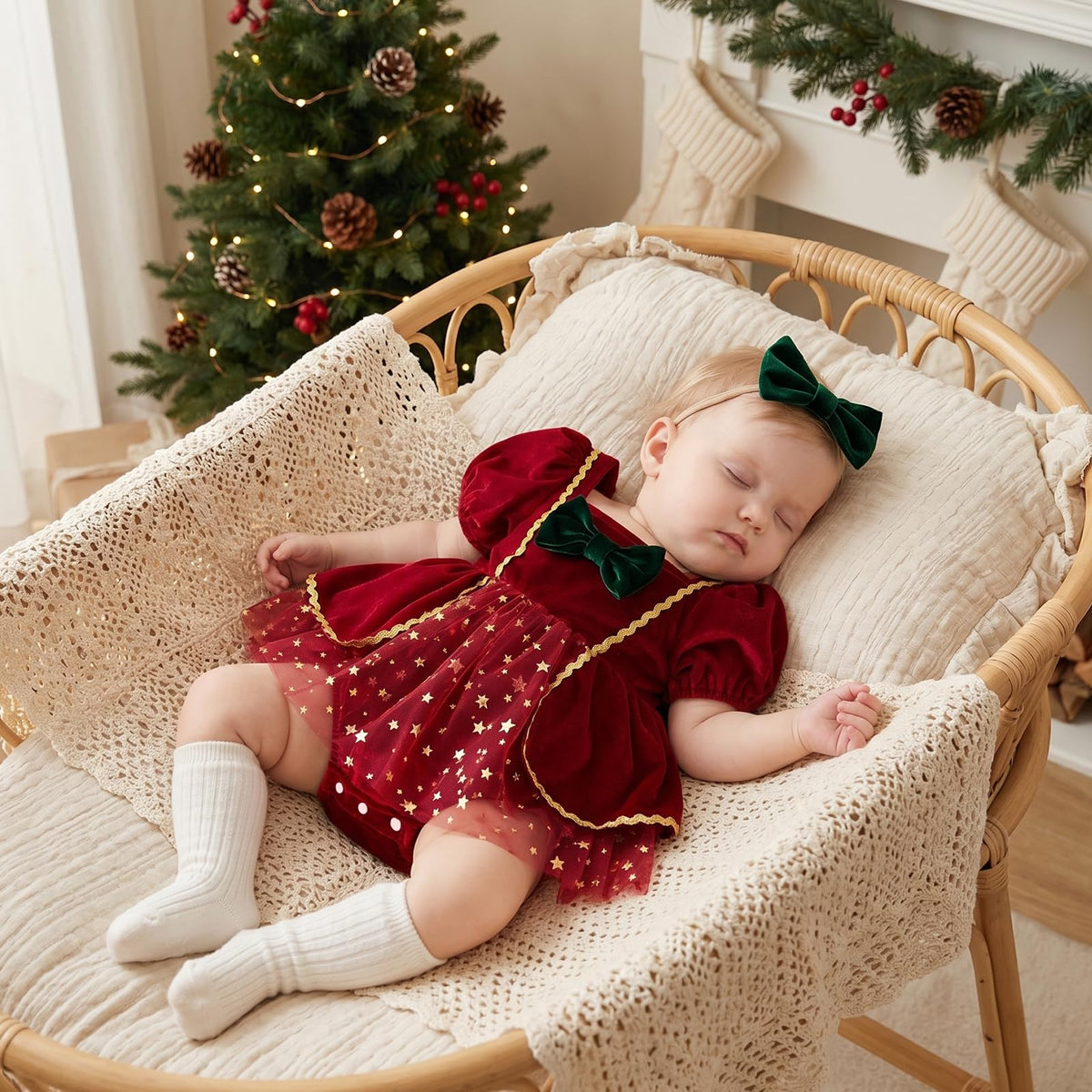 Mameluco Navideño de Terciopelo con Lazo y Tul Estrellas Bebé Niña