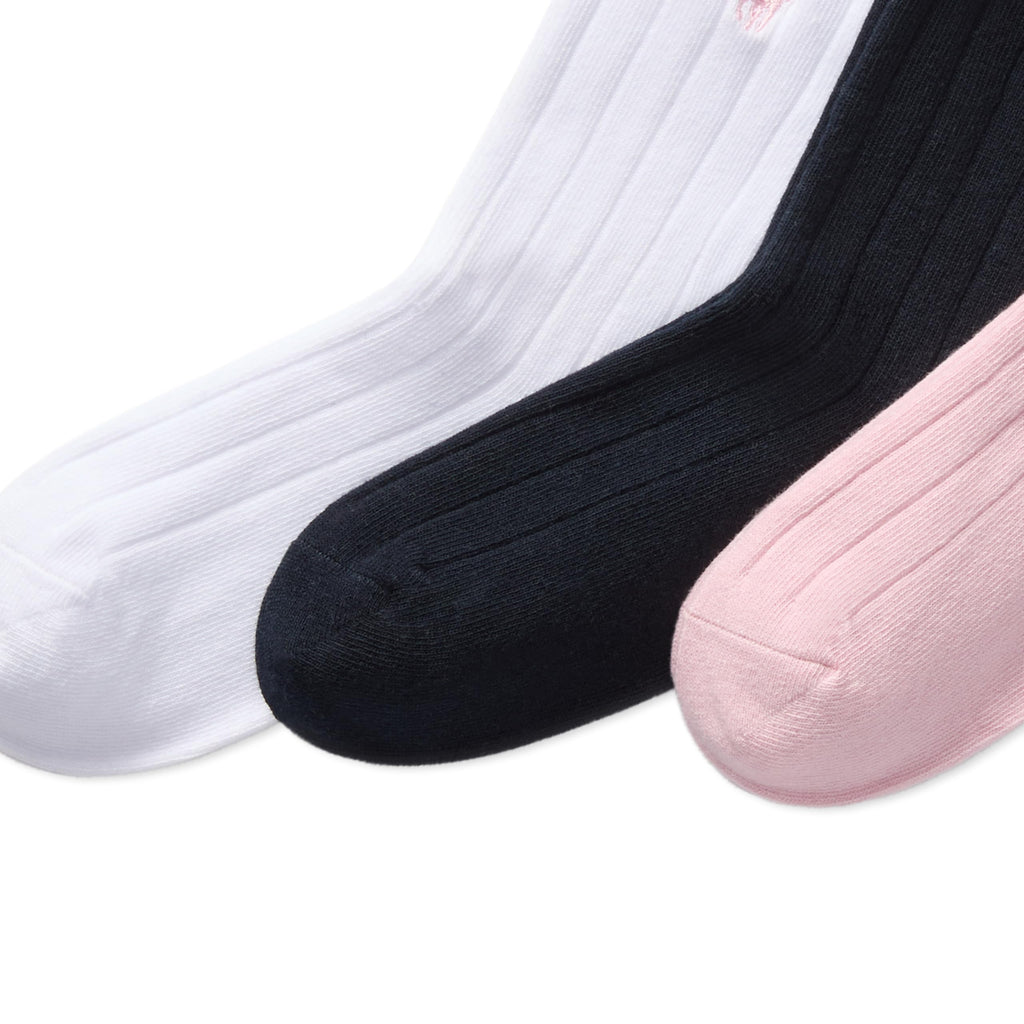 Polo Ralph Lauren | Calcetines Niña Pack 3 Pares Crew Acanalado Algodón Sostenible Poni Bordado Rosa Blanco Negro (Talla 4T - 20T))