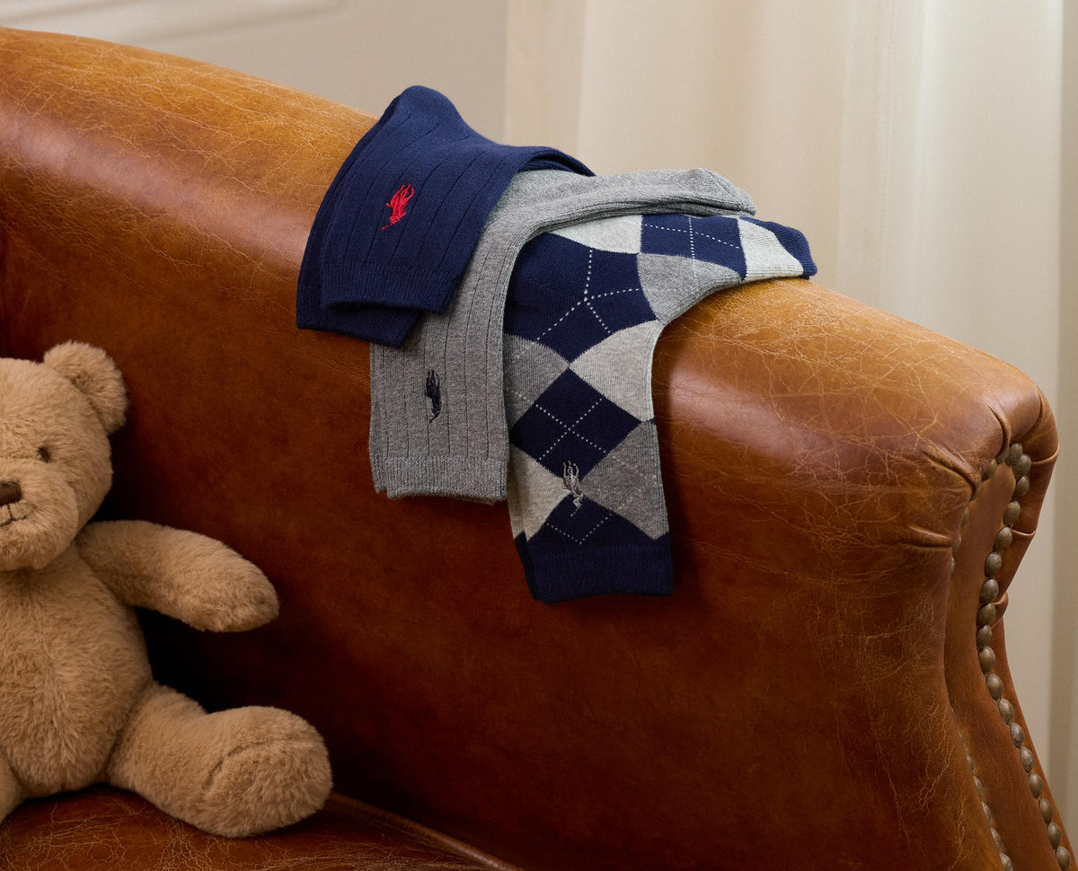 Polo Ralph Lauren | Calcetines Niño Pack 3 Algodón Canalé Argyle Marino Gris Surtido Pony