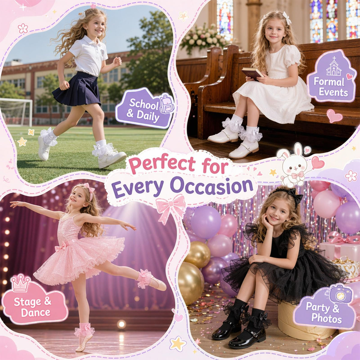Calcetines Nina Pack 3 Pares Volantes Encaje Tutu Doble Capa Lazo Cinta 3D Blanco Rosa Negro Organza Princesa Boda Ballet (1 - 10T)