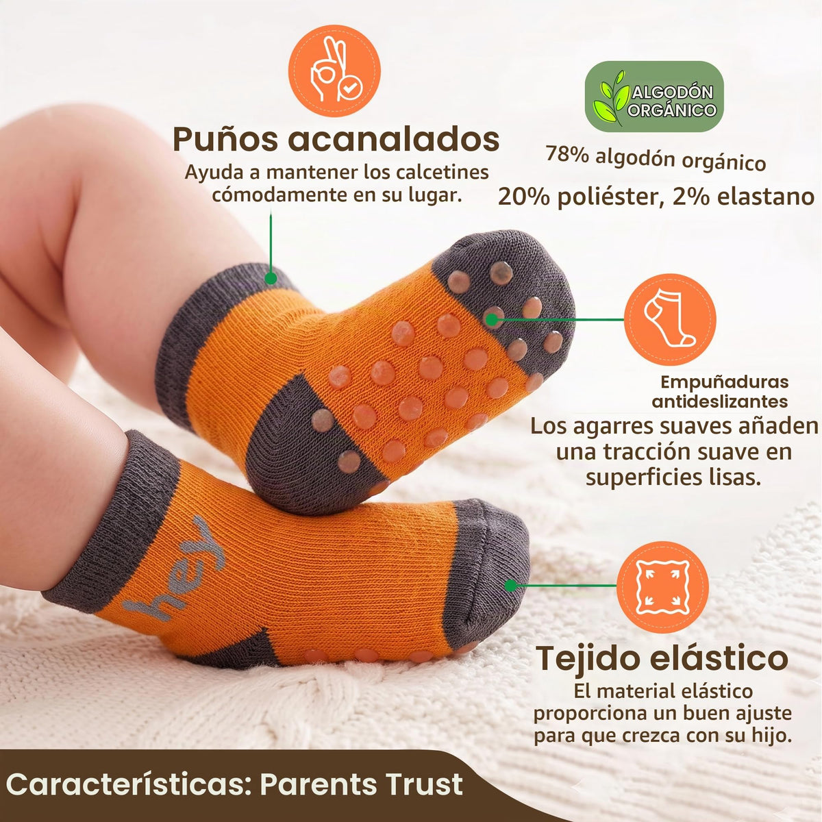 infancie | Calcetines Bebé Niño Pack 6 Algodón Orgánico GOTS Antideslizante Estampados Naranja Gris 0-6 Meses