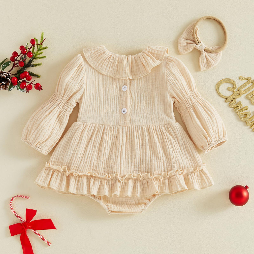 Santa Smocked Romper Beige | Mameluco Vestido Crema Bebé Niña — Cuello Muñeca + Mangas Abombadas + Papa Noel Bordado + Diadema