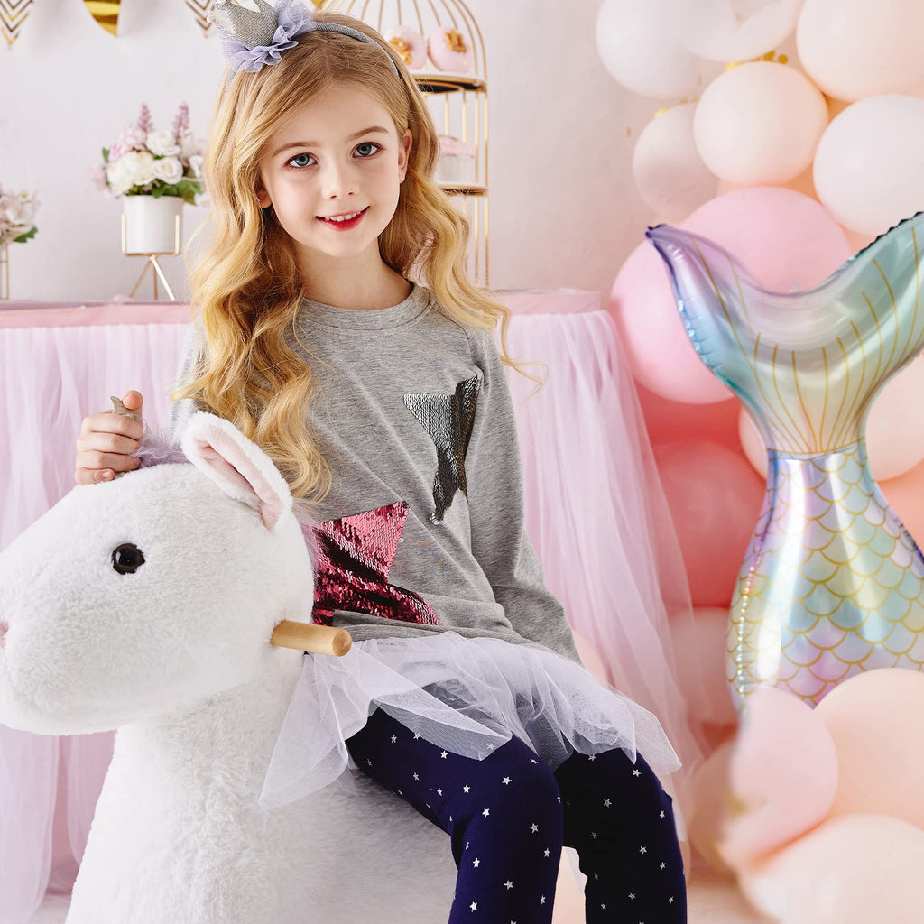 Top de Manga Larga con Lentejuelas para Niñas – Algodón Gris con Tul (3 - 12T)