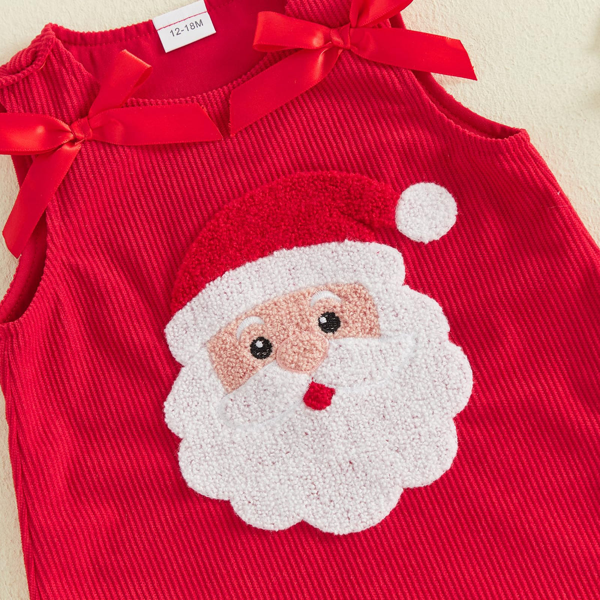 Santa Face Rojo | Vestido Pana Roja Nina Sin Mangas + Cuello Redondo + Aplicacion Papa Noel 3D + Lazos