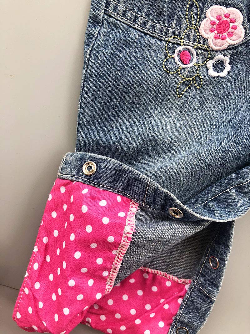 Overol Peto de Mezclilla Peacolate | Bordado Floral + Lazo Rosa Lunares | Denim | Niña/Bebé (3M-3A)