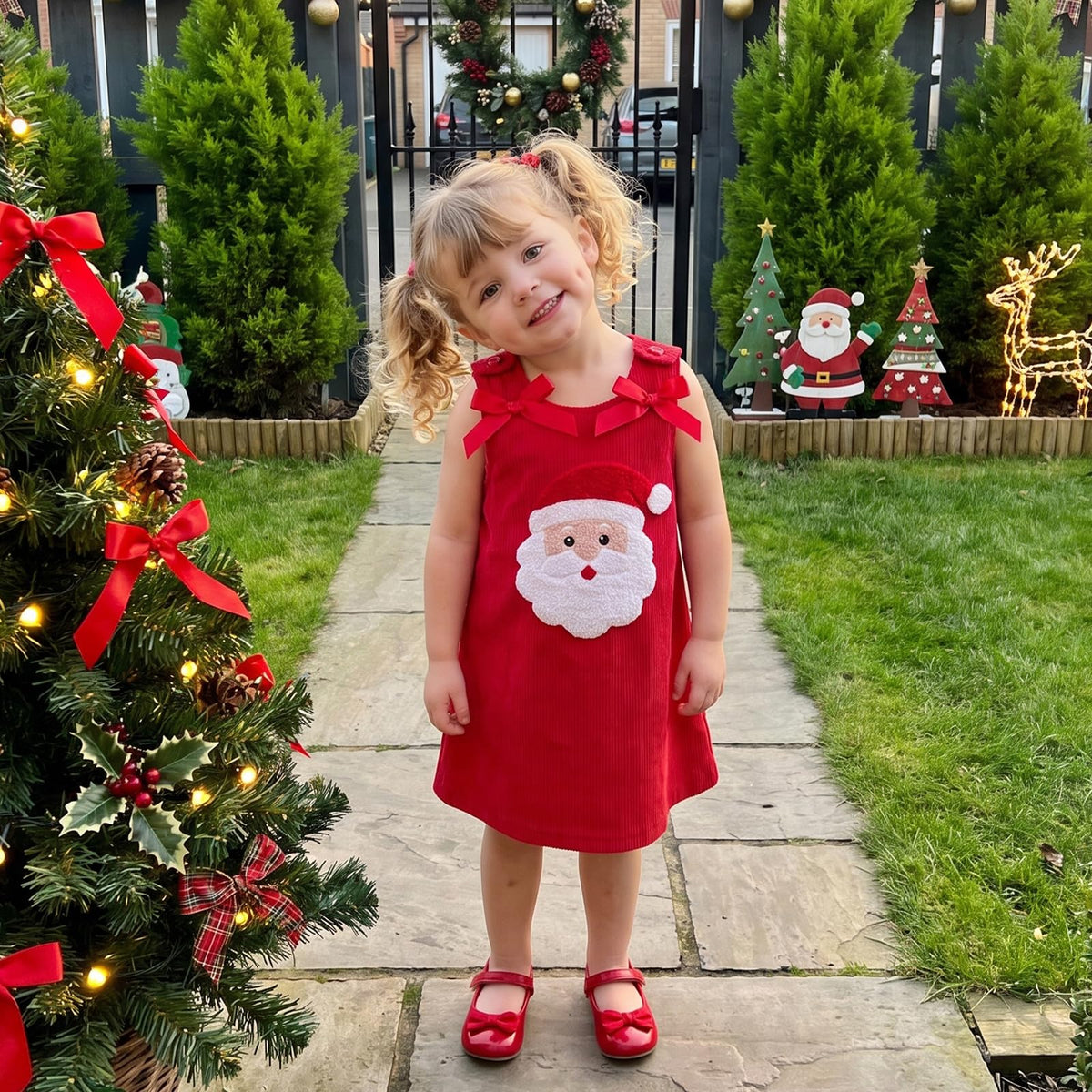 Santa Face Rojo | Vestido Pana Roja Nina Sin Mangas + Cuello Redondo + Aplicacion Papa Noel 3D + Lazos